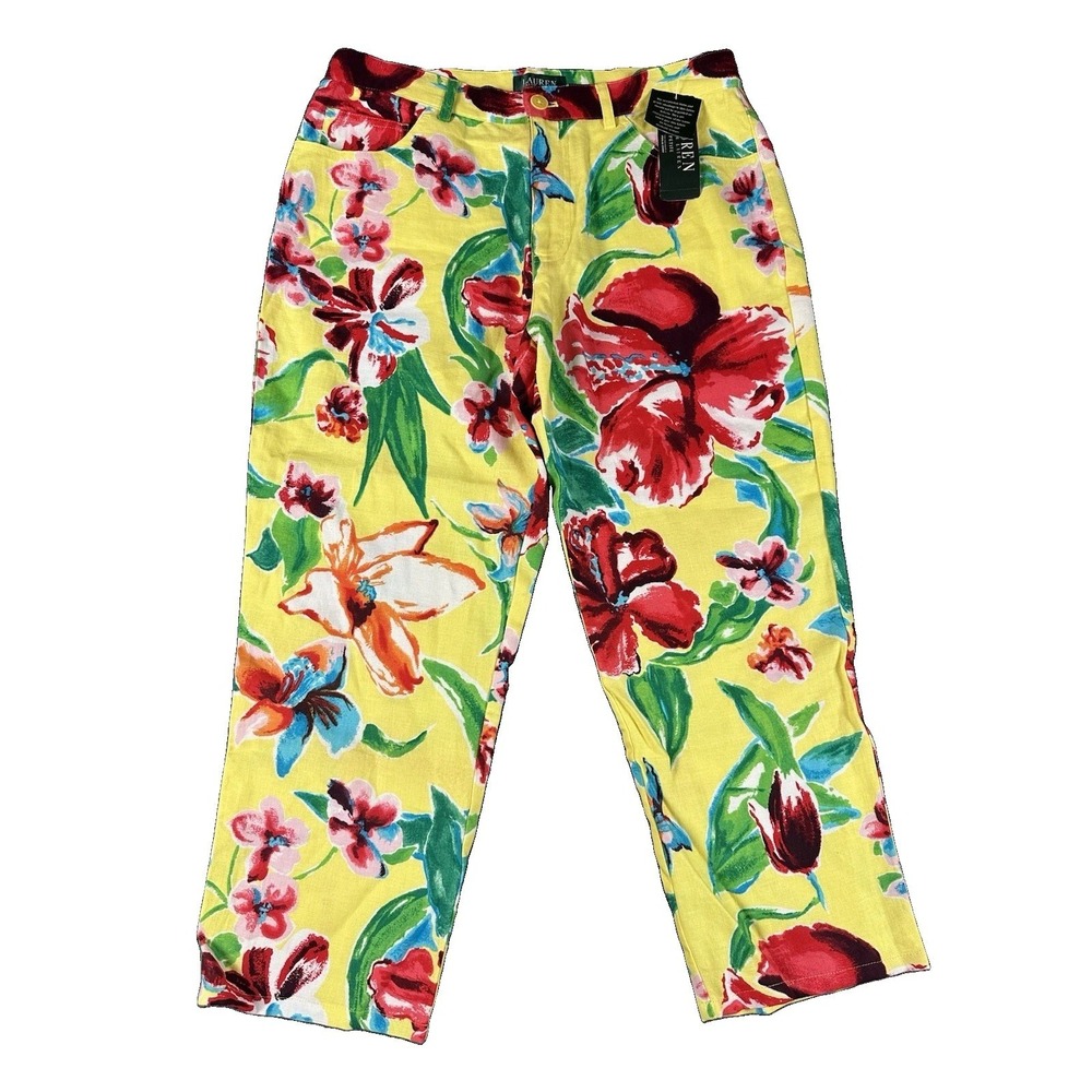 Lauren Ralph Lauren  100% Linen Womens Sz 12P Turks  Paradise Floral Crop Pants